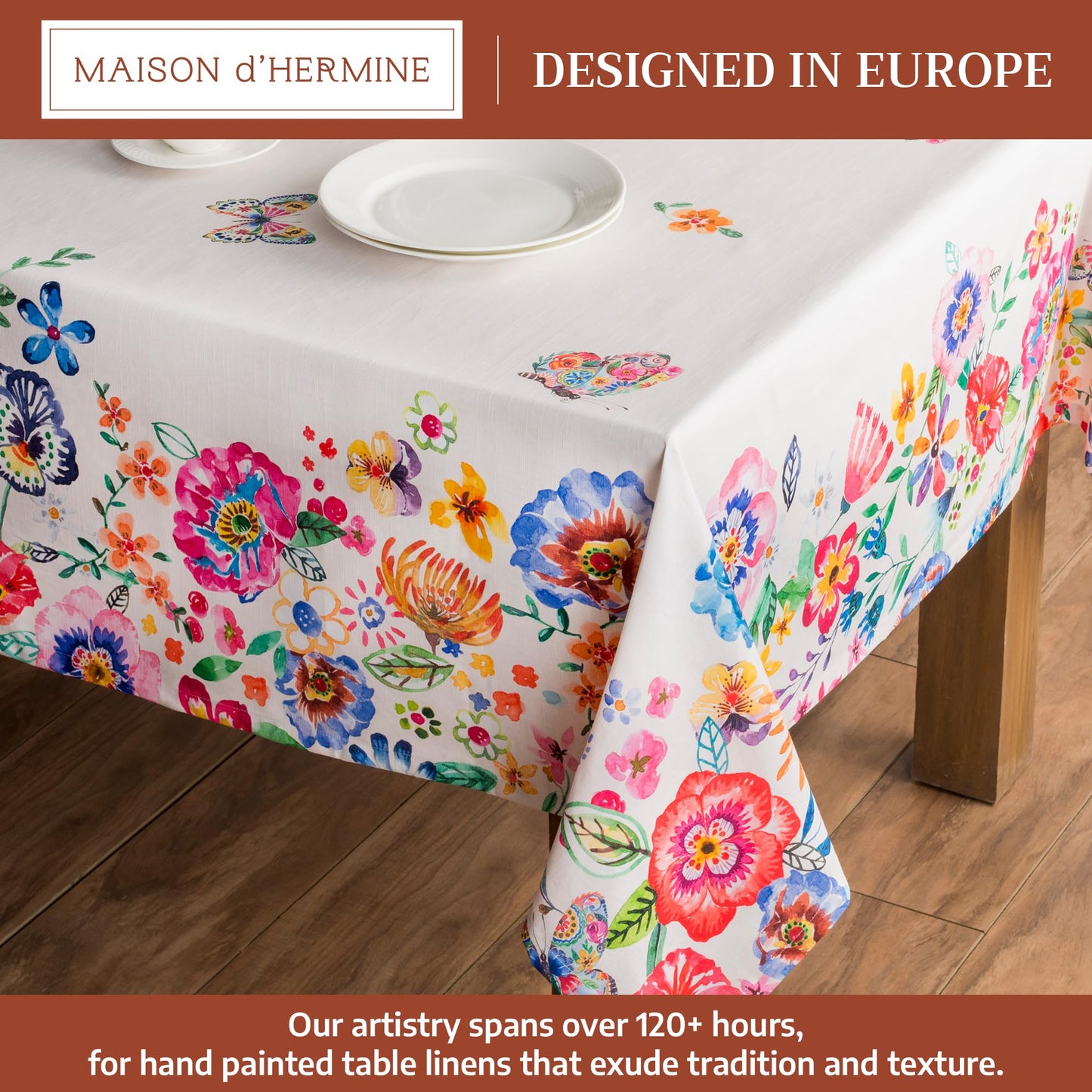 Maison d' Hermine Table Cloth Rectangle Table 100% Cotton 60 x 108 Inches Tablecloth Reusable Decorative for Dining Kitchen Farmhouse Gifts for Mothers Day Spring Summer- Happy Florals - High Summer