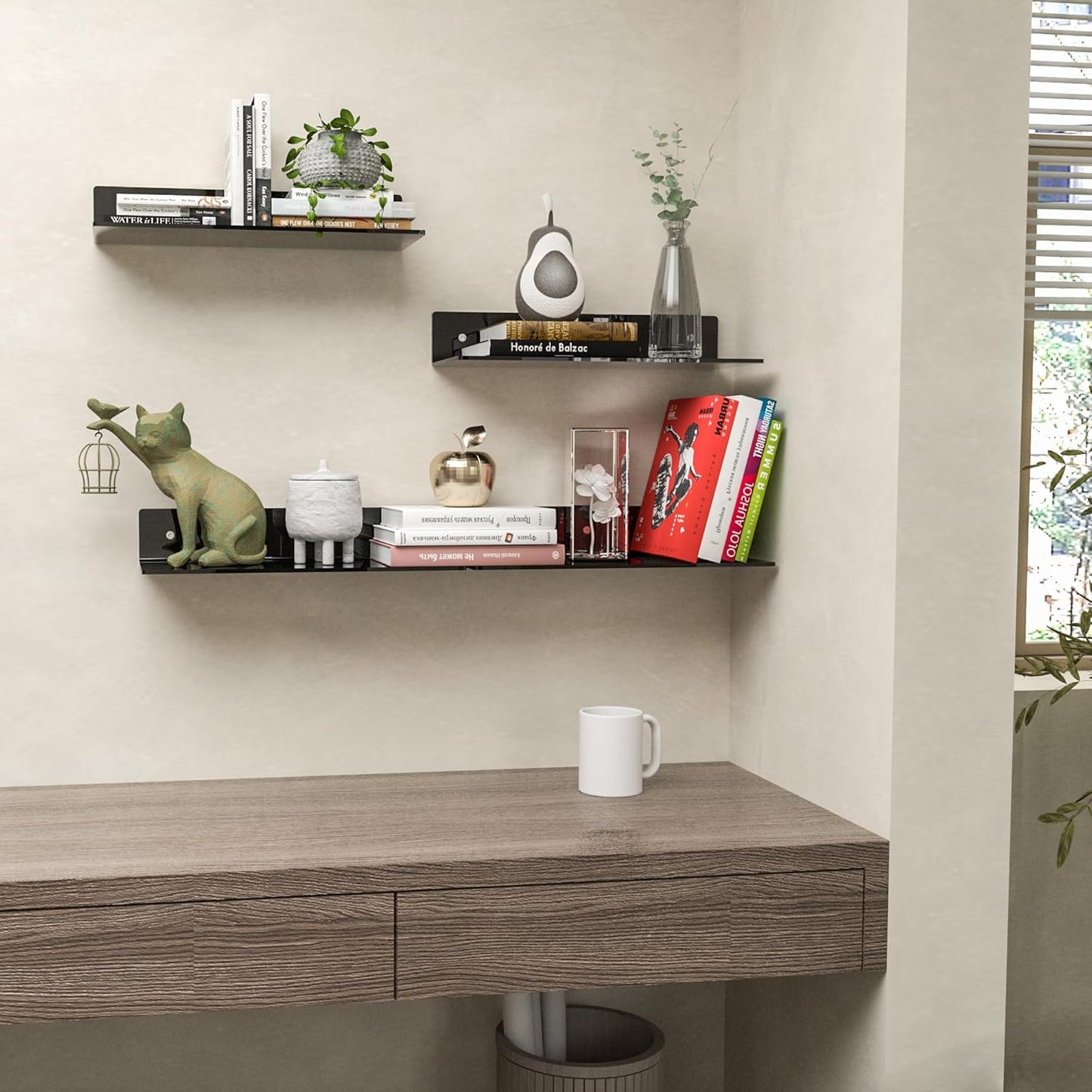 Perspex 15-Inch Black Acrylic Wall Shelves - 4 Pack for Stylish Home Décor & Space Saving