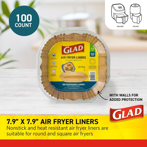 Glad Air Fryer Liners Rounded Square Shape with Walls, Nonstick and Heat Resistant, Food Grade Material, Suitable for Square and Round Air Fryers, Air Fryer Accessories, 7.9" - 100 Count
