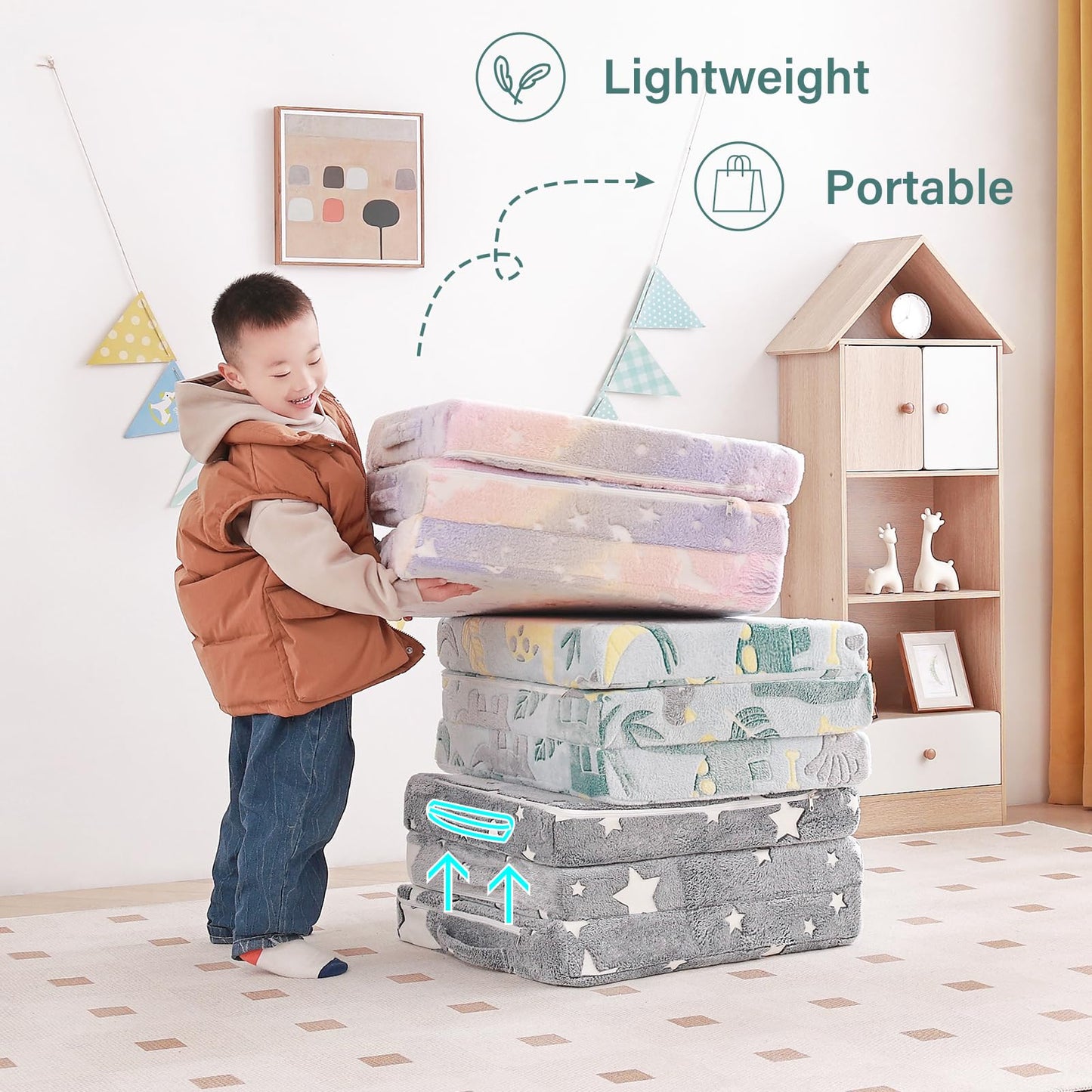 Tiita Toddler Foldable Floor Mattress for Kids, Small Floor Nap Mat for Sleeping Daycare, Kids Trifold Chair, Portable Toddler Tri Folding Mattress for Girls and Boys,Blue Cloud