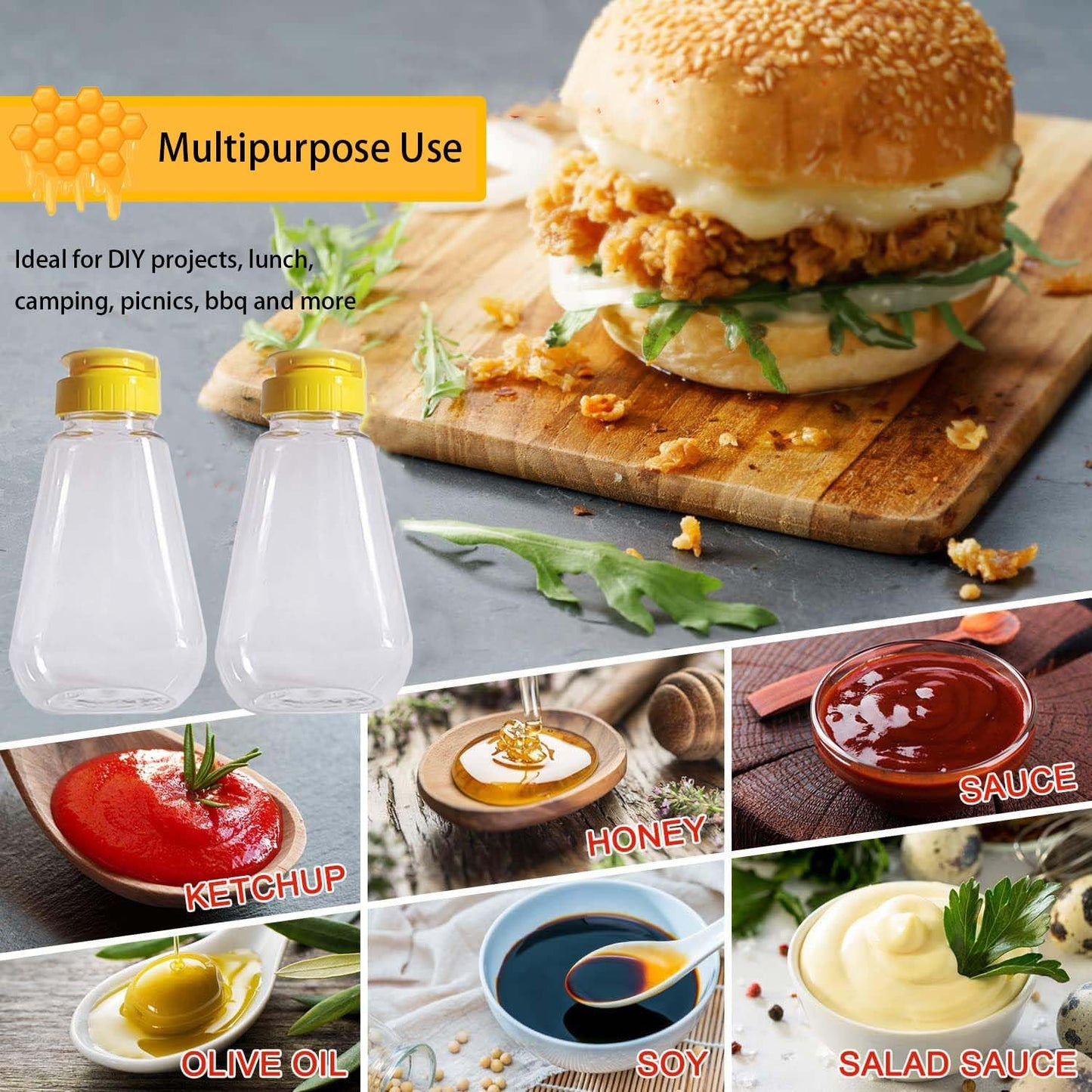 2 Pack Empty Plastic Honey Bottles with Funnel, 200ml Squeeze Honey Jars Leakproof Honey Dispenser Flip Top Condiment Container for Ketchup Mustard Salad Dressing Sauce Syrup Oil Epoxy, BPA Free