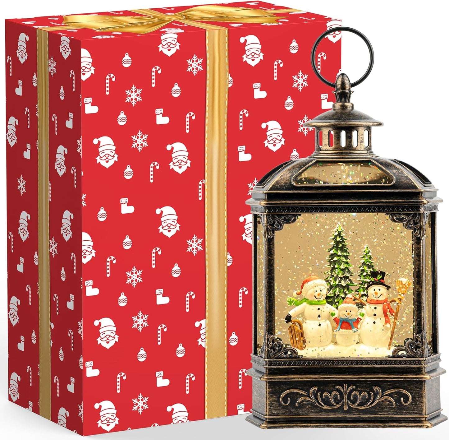 VISFLAIR Christmas Snow Globe | Lighted Snowman Family Lantern with Musical Glitter Swirl - Holiday Decor