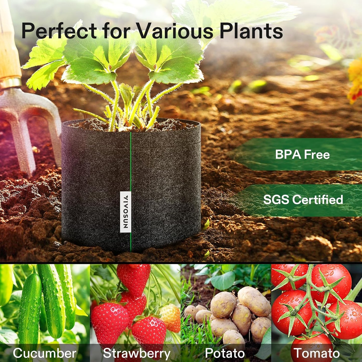VIVOSUN 1 Gallon Grow Bags - 5-Pack Fabric Pots with Self-Adhesion Sides for Easy Transplanting