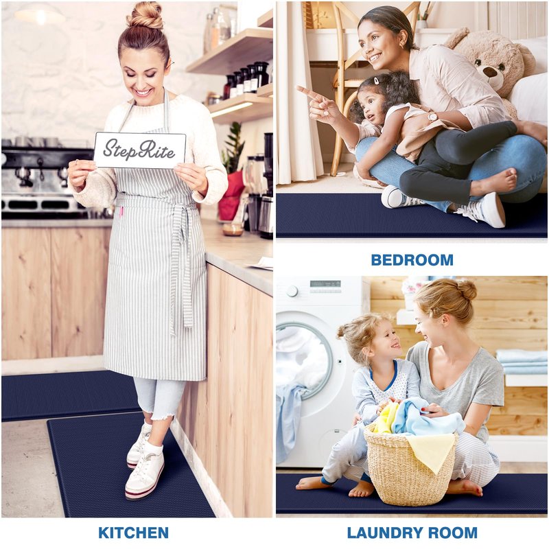 StepRite Kitchen Mats, 2PCS Kitchen Rugs, Cushioned Anti Fatigue Kitchen Mats for Floor, Non-Slip Standing Desk Mat, Waterproof Kitchen Rug Set for Kitchen, Floor, Office, 17.3"x30"+17.3"x59", Blue