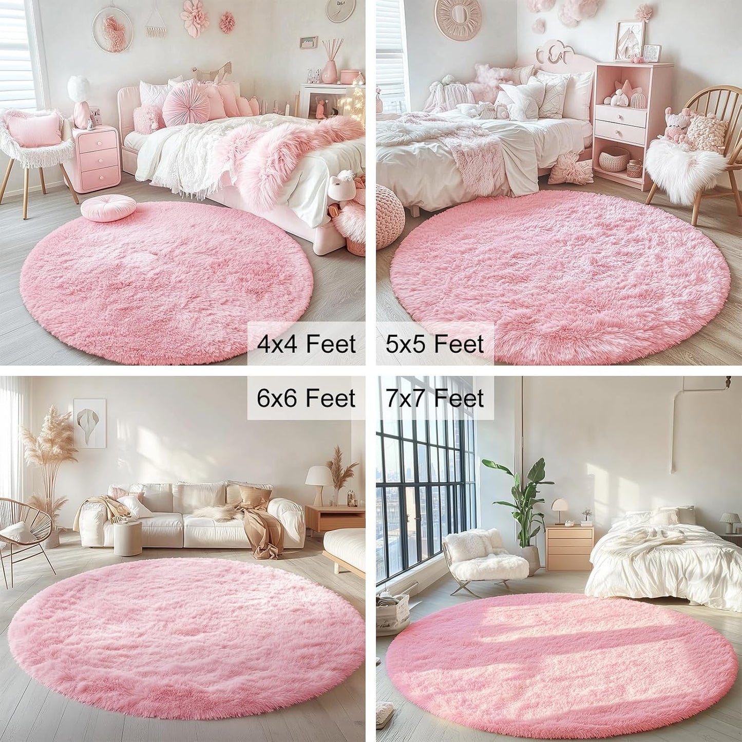 OLANLY Pink Round Rug - Soft & Fluffy Shaggy Carpet, 4 ft Circle Area Rug for Bedroom & Living Room