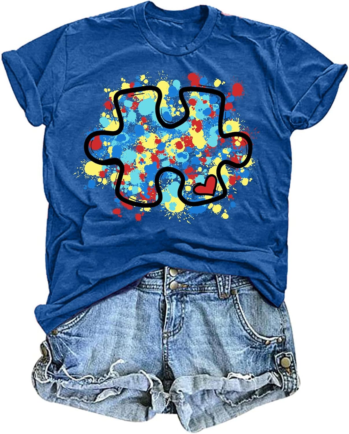 LAZYCHILD Autism Awareness Shirt - Women's Blue T-Shirt with Puzzle Piece Design