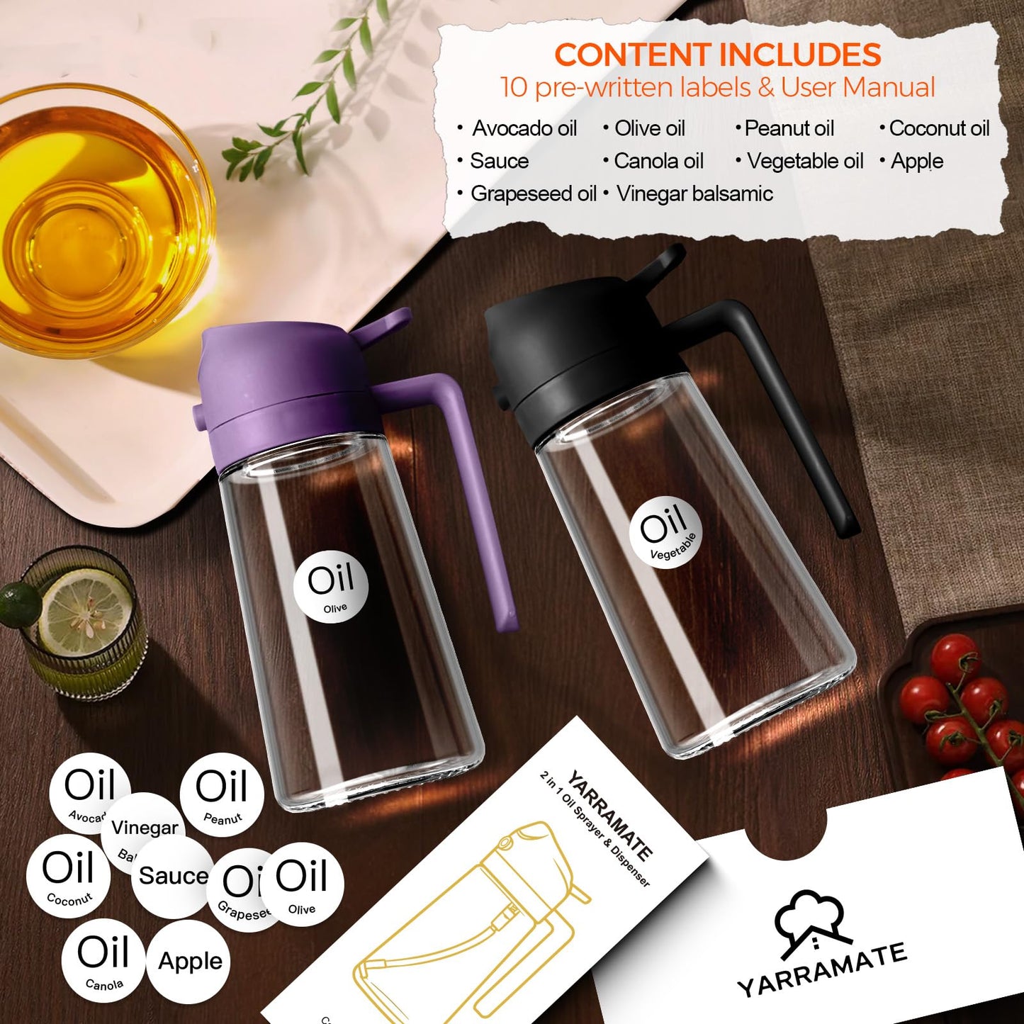 YARRAMATE 16oz/470ml Glass Olive Oil Sprayer for Cooking with Stickers, 2 in 1 Oil Dispenser for Kitchen Gadgets, Food Grade Premium Spray Bottle with Portion Control for Salad, BBQ (Purple)