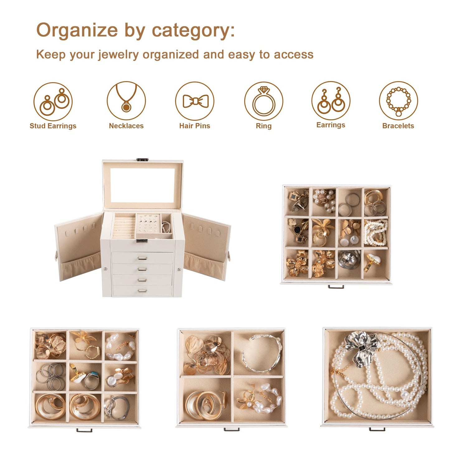Frebeauty 5-layer Jewelry Box,Faux Leather Jewelry Organizer with 4 Drawers,Jewelry Organizers and Storage with Mirror,Jewelry Holder Organizer for Necklace,Jewerly Boxers for Women Girls(Grey)