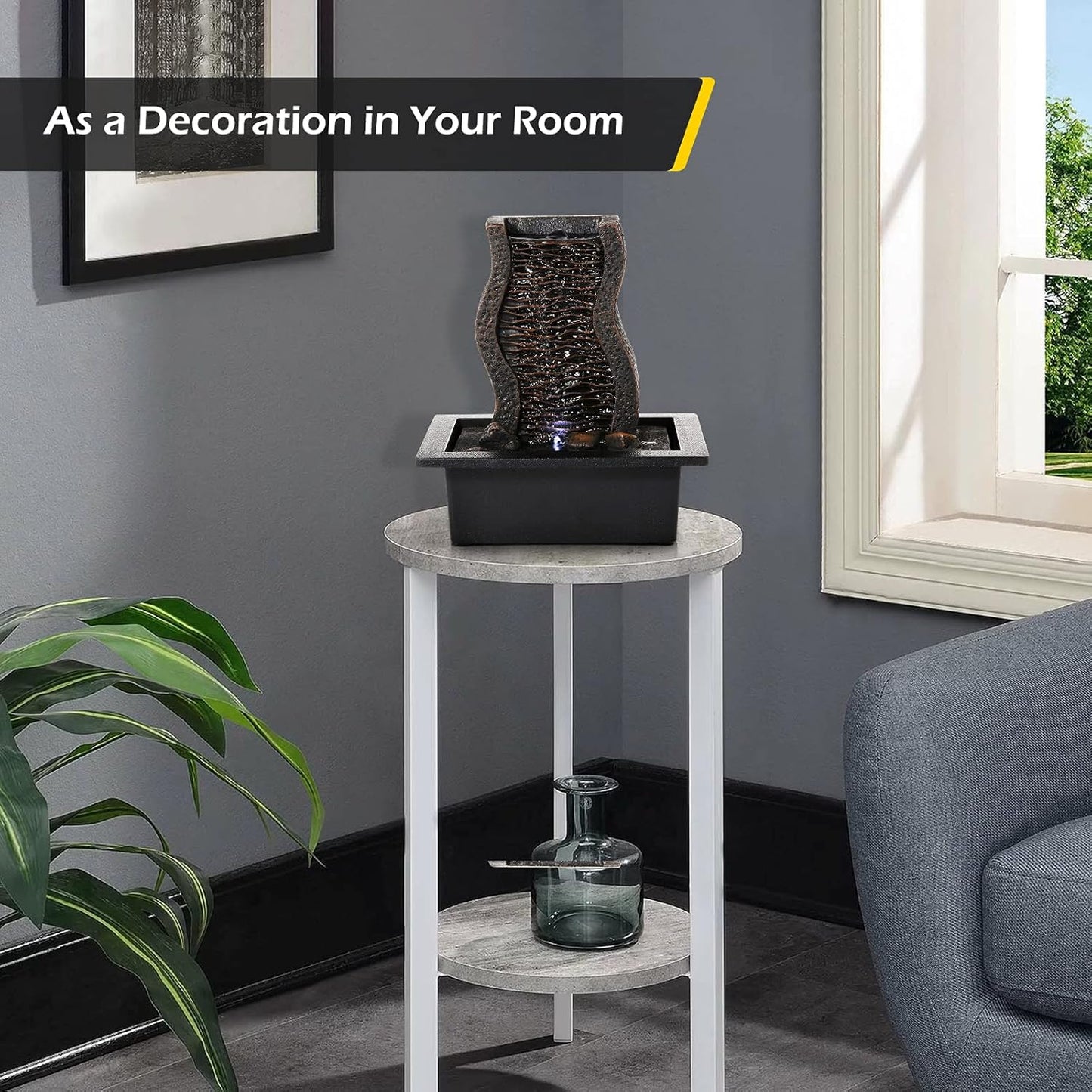Dyna-Living Water Fountains Indoor Tabletop Fountain with Pump Waterfall Fountain Indoor Coloured LED Lights Desk Water Fountains for Home Office Decor Style 1