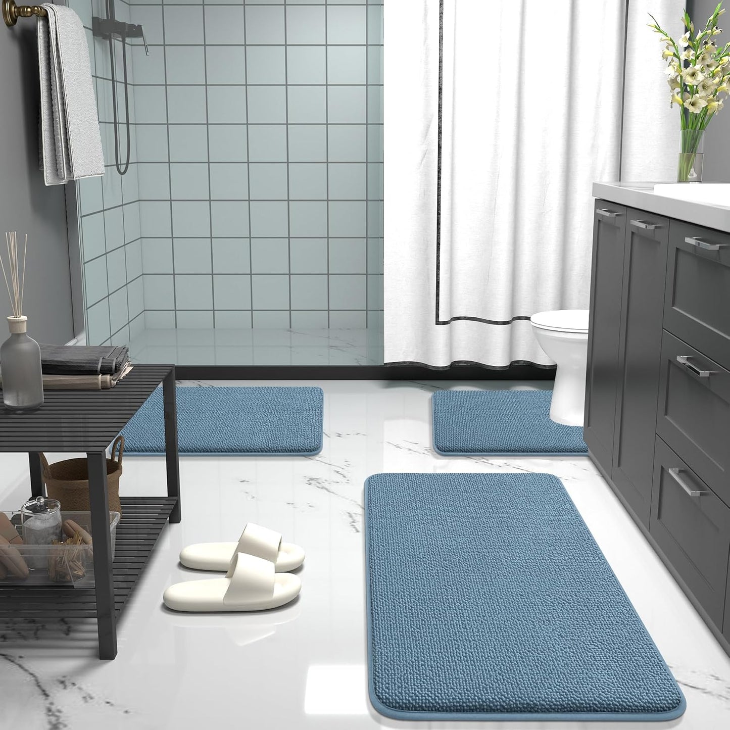 OLANLY Thick Memory Foam Bath Mat Rug - Extra Soft & Absorbent | Non-Slip, Quick Dry, 30x20, Airy Blue