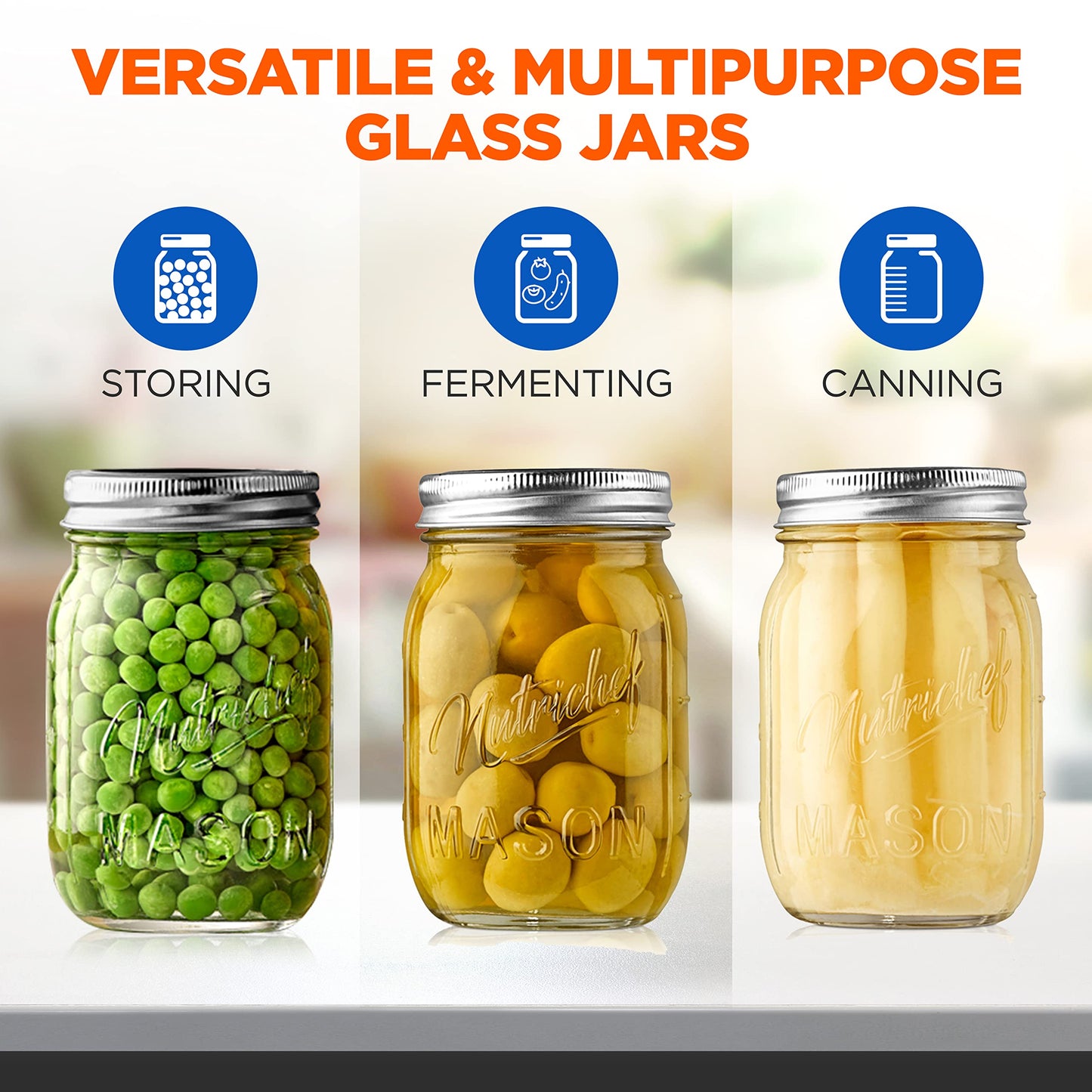 NutriChef 6-Pack 16 oz Mason Jars with Lids - Thick Glass Canning Jars with Stainless Steel Lids - Ideal for DIY Spices, Meal Prep, Overnight Oats, Jelly, Jam, Honey, Candles, Crafts, & More