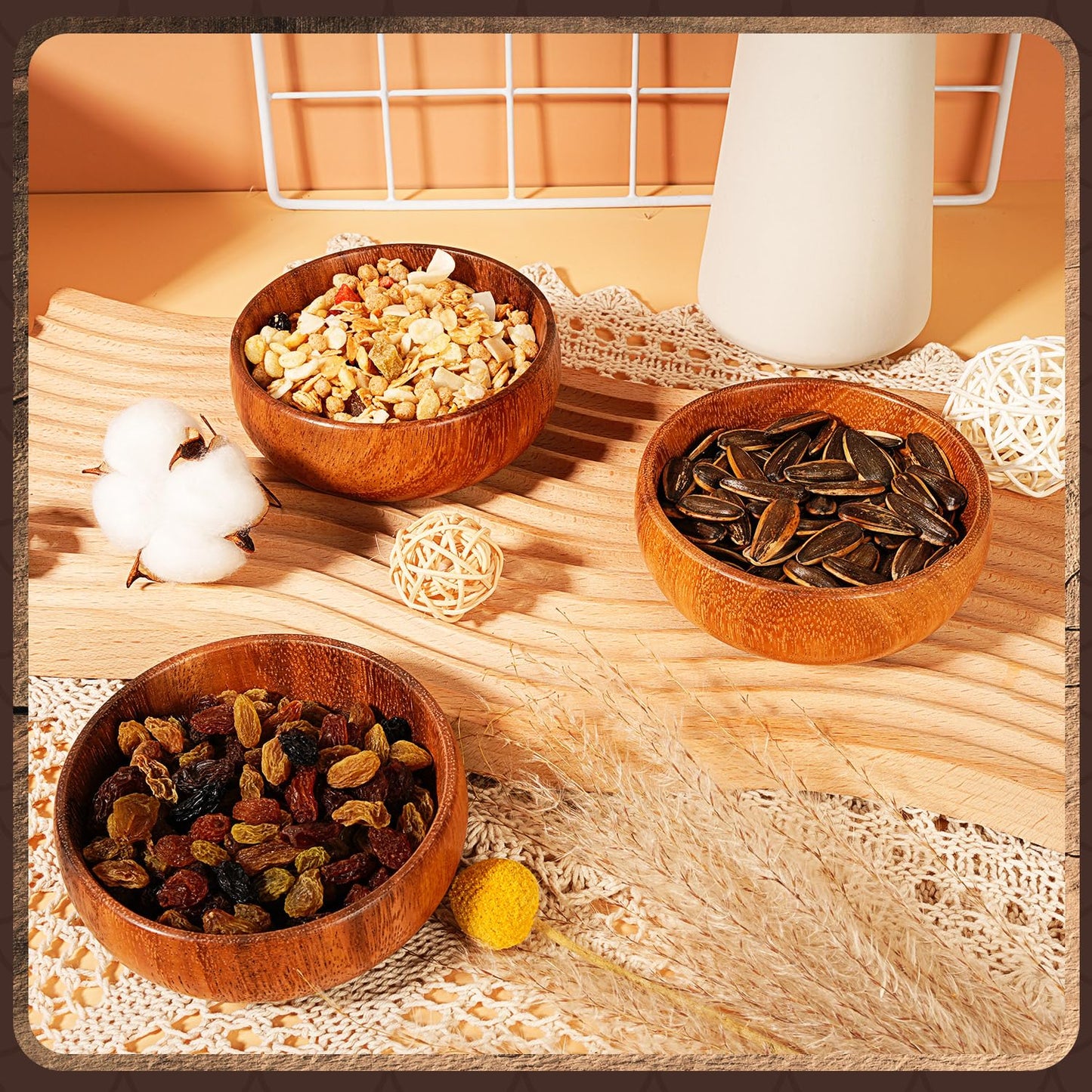 Skylety 6 Pcs Acacia Wooden Bowls Small Calabash Bowls Round Wood Salad Hand Carved Calabash Dip Tray for Serving Popcorn Pasta Coconut Nuts Sauce Appetizers Home Kitchen (4 Inch)