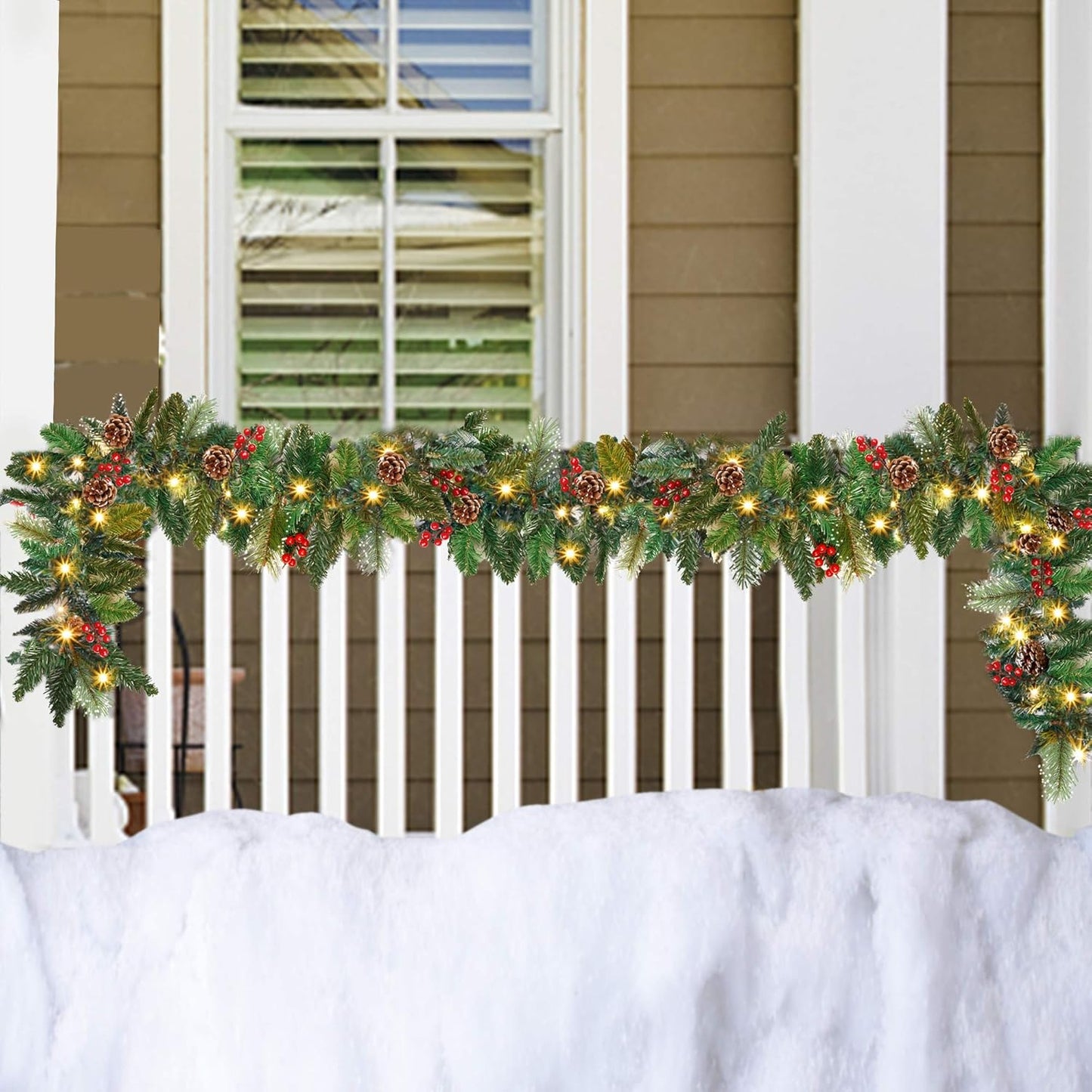 Juegoal 9FT Pre-Lit Christmas Garland - Artificial Greenery with Flowers, Berries & 50 Warm White LED Lights | Indoor/Outdoor Decor