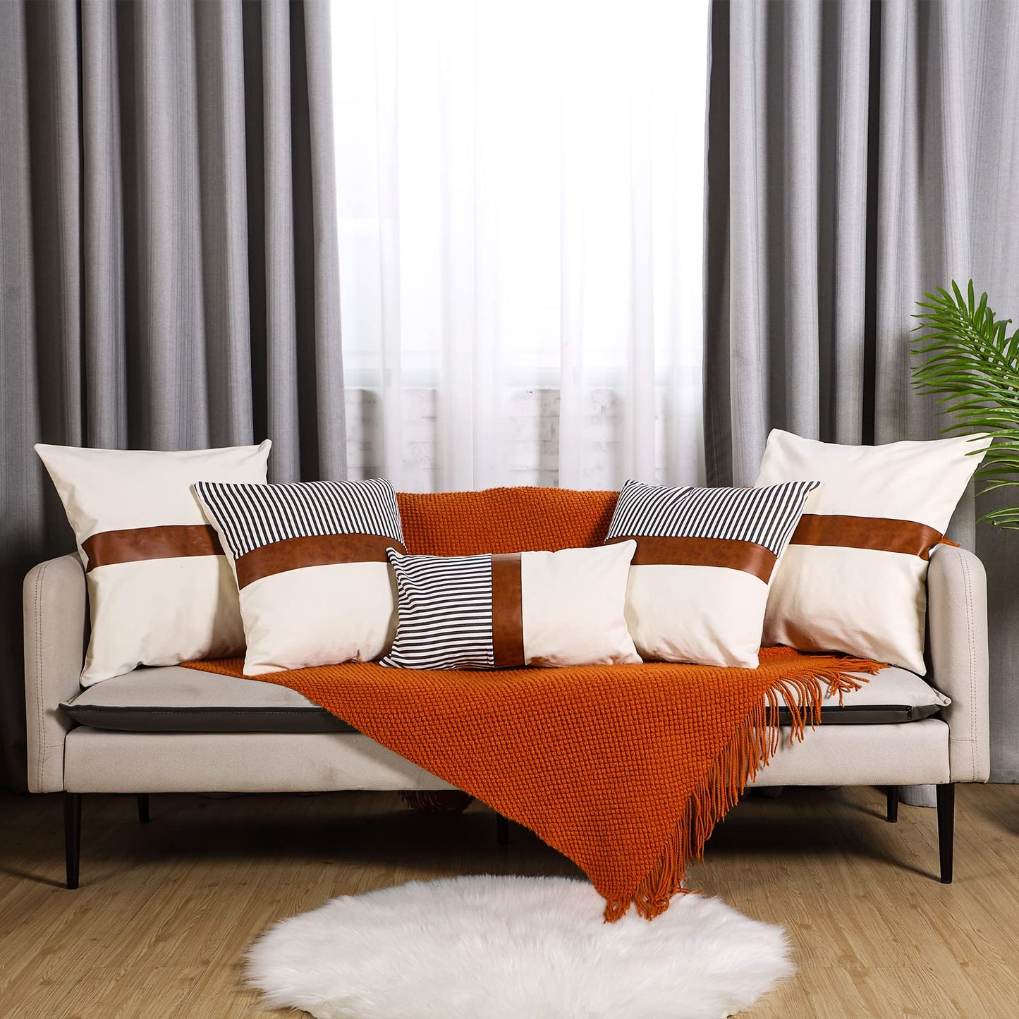Tradder Farmhouse Decorative Pillow Covers Set of 5 20x20 18x18 12x20 Inch Modern Boho Faux Leather and Linen Stripe Pillowcase for Home Couch Living Room Decor(Cool Style, Cool Style)