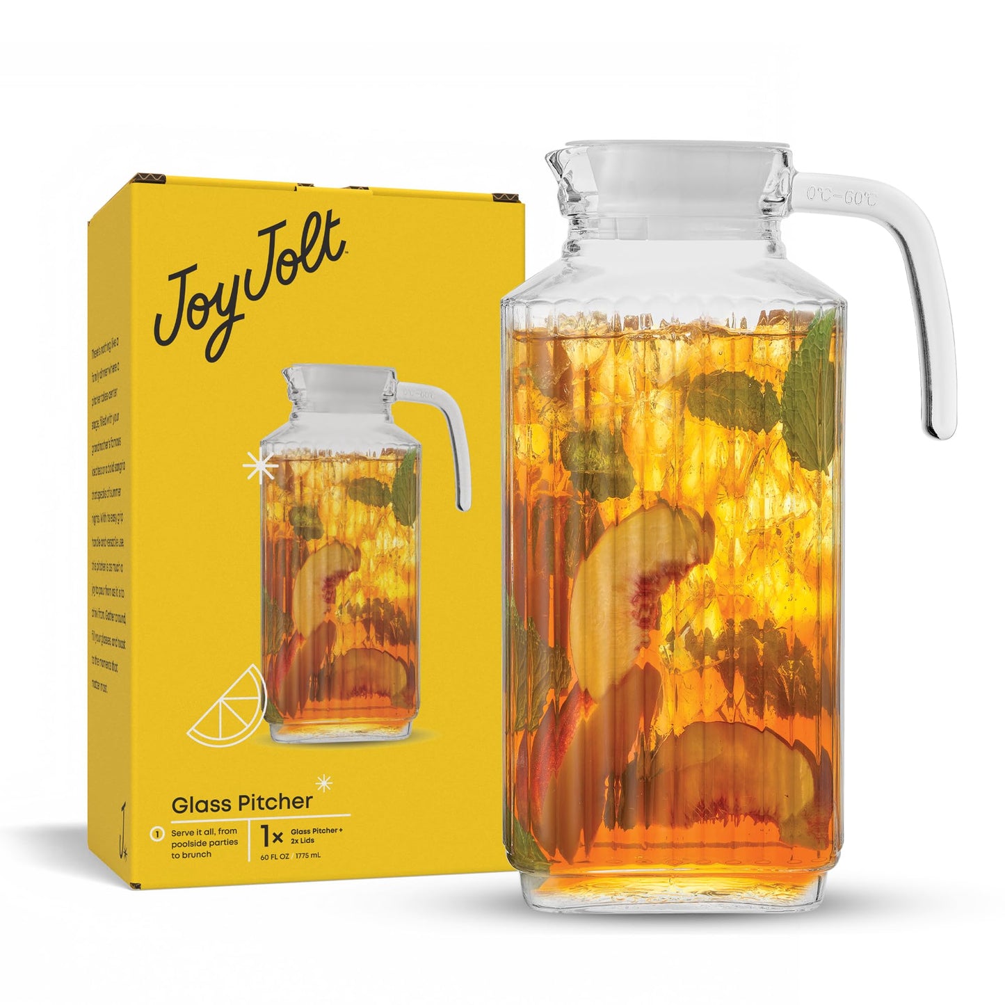 JoyJolt 60oz Glass Pitcher with Lid (2 Lids) - Beverage Serveware and Storage Container for Cold Drinks and Liquids. Juice Container, Water Jug, Fridge Pitcher for Iced Tea or Milk