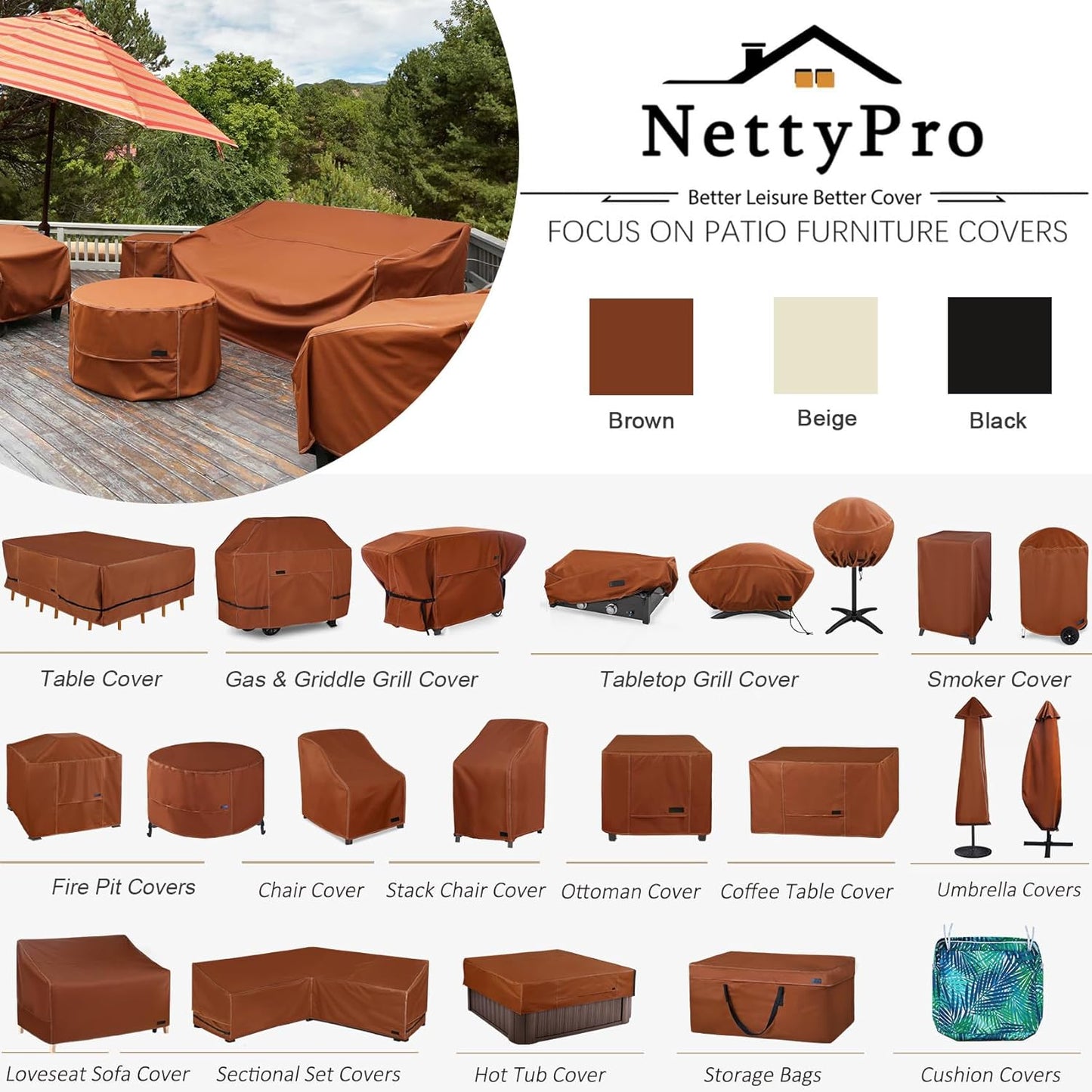 NettyPro Square Patio Table Cover - Waterproof 600D Heavy Duty Protection | 80 x 80 Inch, Brown