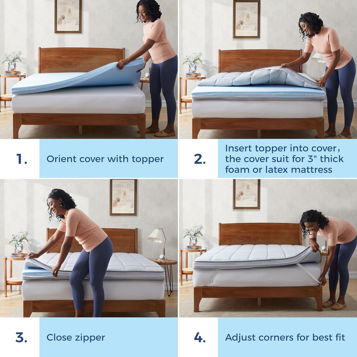 3Inch Queen Mattress Topper Cover(Only Cover),Mattress Protector Bedding,Foam and Latex Mattress Cover with Zipper and Adjustable Straps,Pillow Top(80 x 60”) Gray