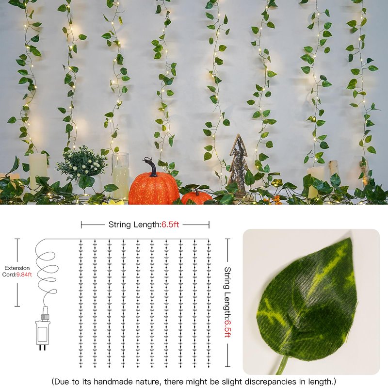 suddus 200 LED Vine with Light Plug in, 6.5ft x 6.5ft Pothos Fairy Curtain Lights with Remote, Leaf Fairy Lights for Wall,Bedroom, Dorm, Wedding, Party, Indoor Decor(Warm White)