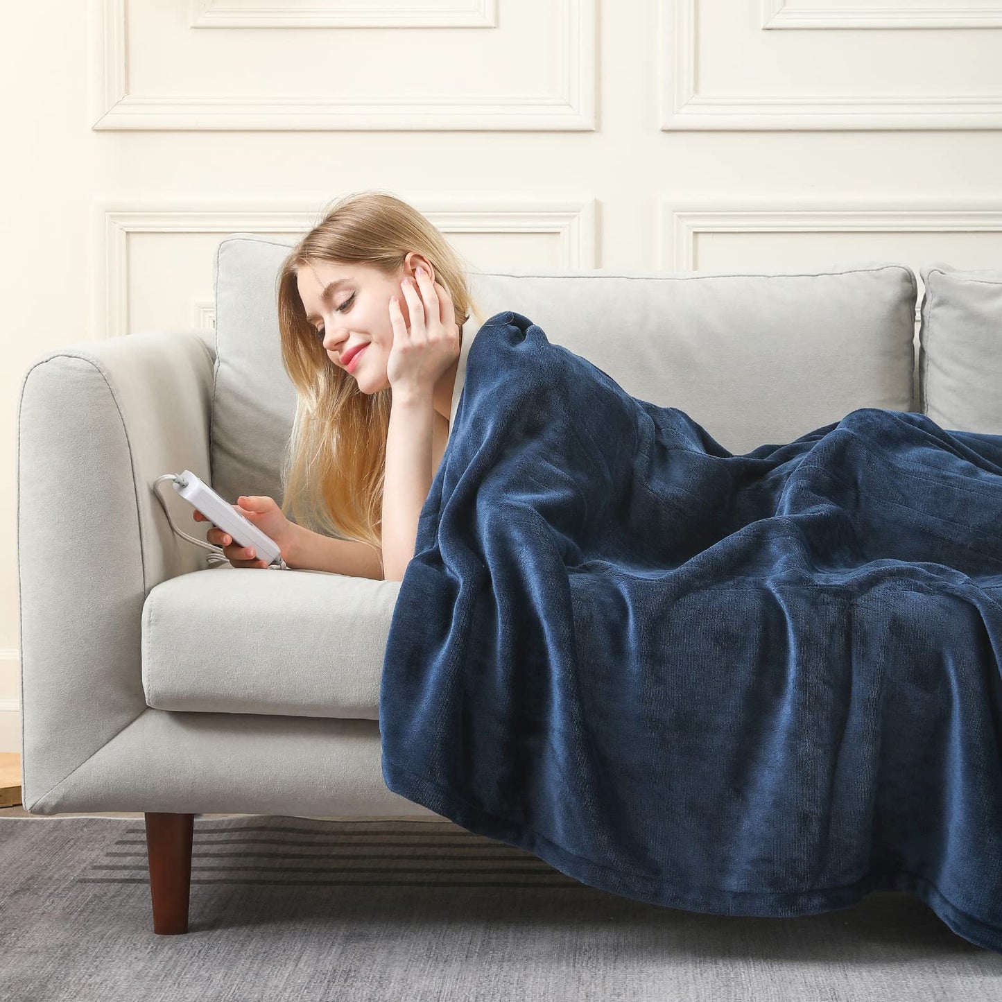 HOMLYNS Heated Blanket Twin Size, Electric Blanket with 1-12 hrs Timer Auto-Off & 10 Heating Levels, Double-Layer Flannel Heating Blanket with ETL Certification, Machine Washable (62”x 84”, Navy)
