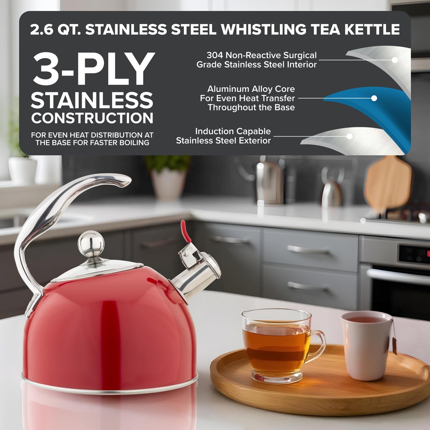 Viking 3-Ply Stainless Steel Tea Kettle, 2.6 Quart Stovetop Hot Water Pot with Tempered Glass Lid, Ergonomic Handle, Induction Ready, Red