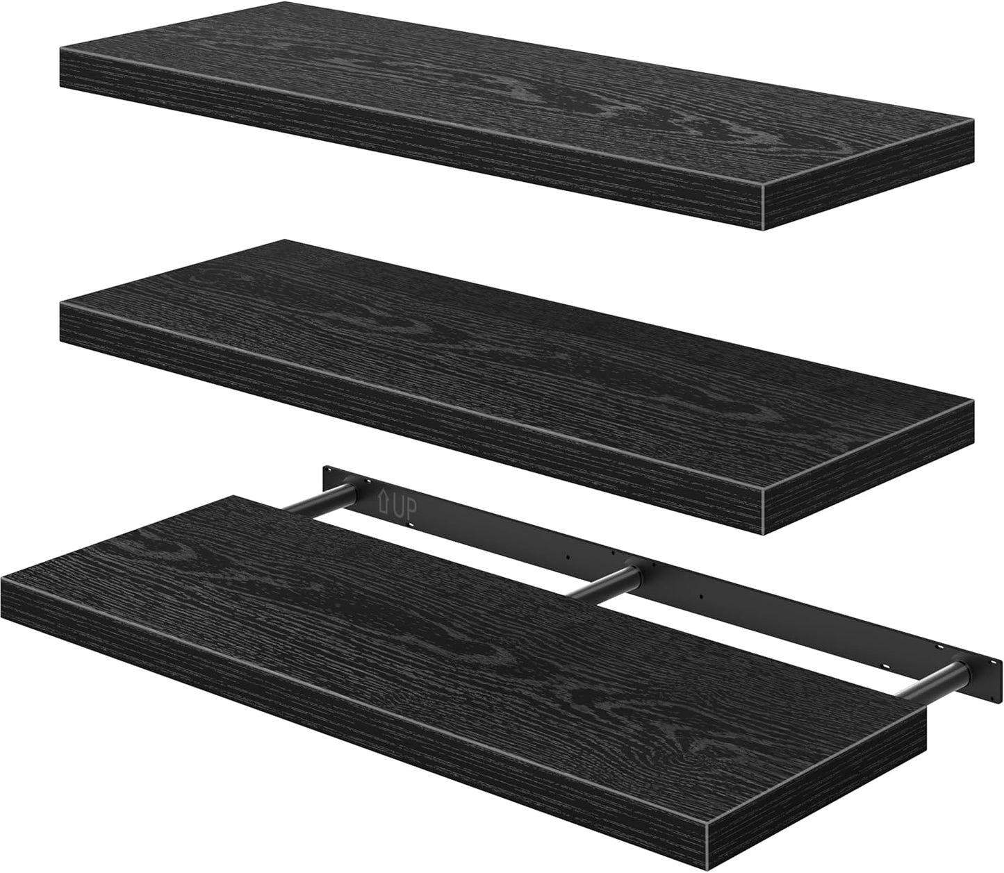 QEEIG 12" Deep Floating Shelves - Set of 3 Black Bookshelves for Bathroom, Bedroom, Kitchen & Living Room