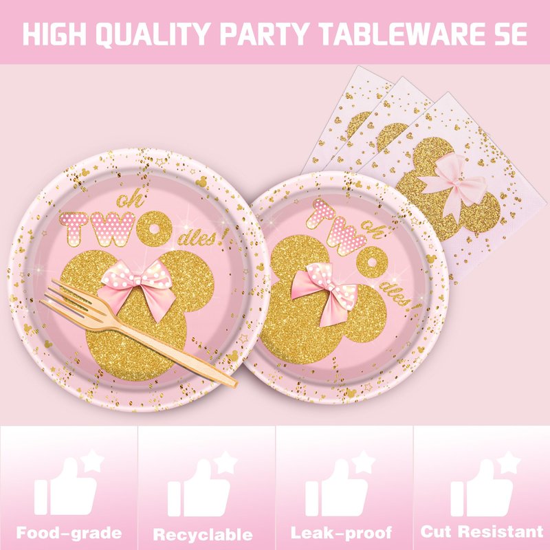 122PCS Cartoon Mouse 2nd Birthday Party Supplies - Girls Two Years Old Birthday Party Decorations, Include Birthday Banners, Tablecloth, Plates, Napkins Party Supplies for Kids Party Favor Gift