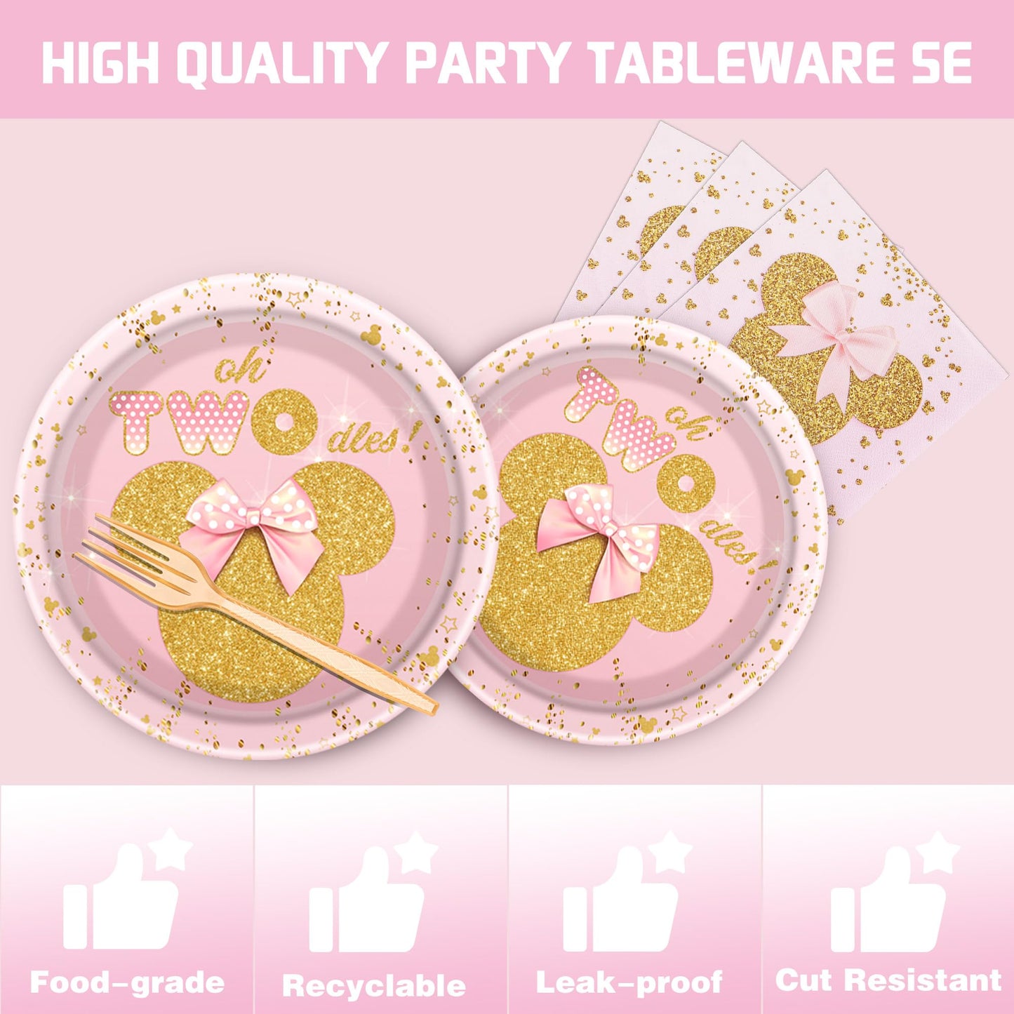 122PCS Cartoon Mouse 2nd Birthday Party Supplies - Girls Two Years Old Birthday Party Decorations, Include Birthday Banners, Tablecloth, Plates, Napkins Party Supplies for Kids Party Favor Gift
