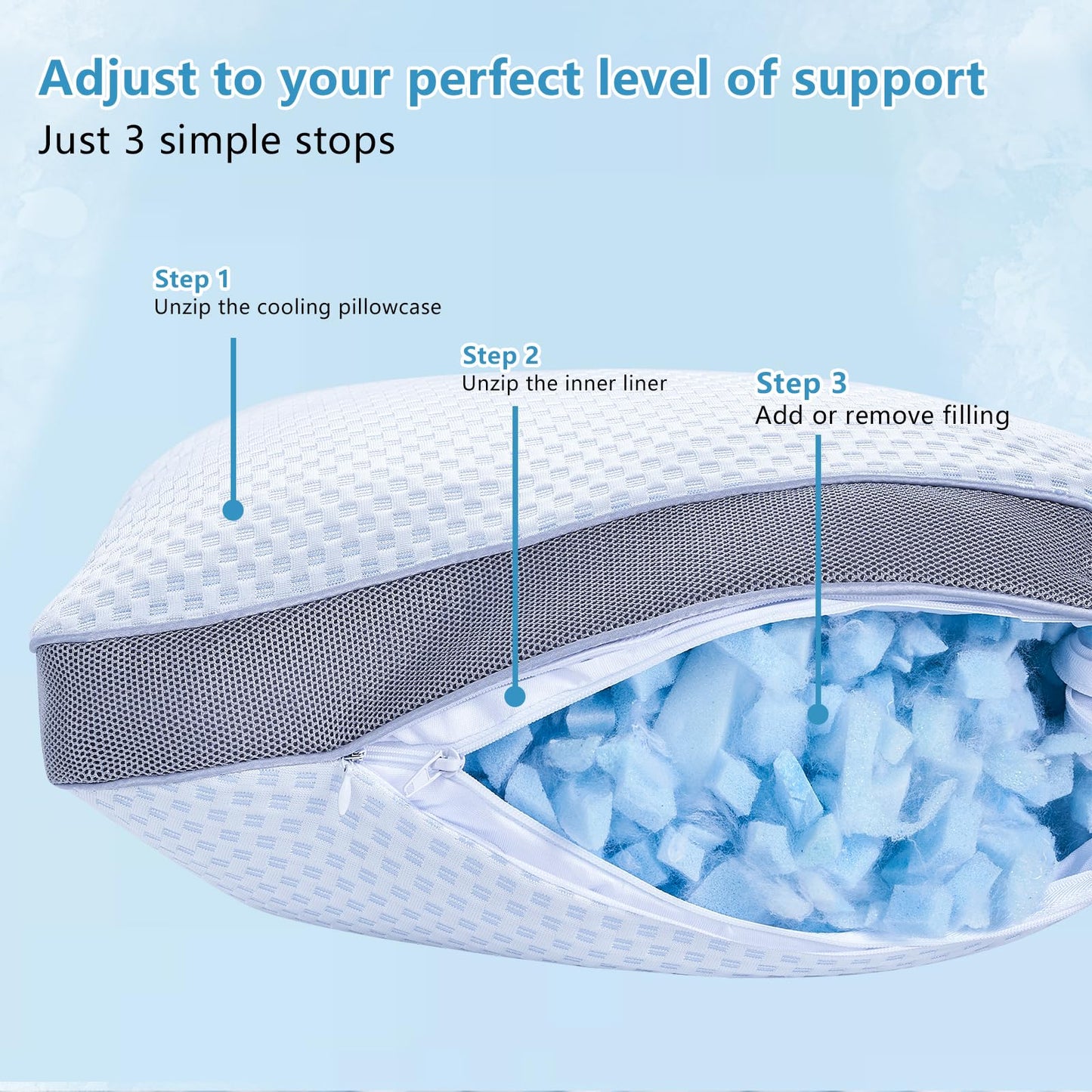 YOUR MOON Shredded Memory Foam Pillow for Sleeping Cooling Bed Pillows Queen Size Set of 2, Medium Firm Pillow 2 Pack Queen, Adjustable Loft Cooling Pillow for Hot Sleepers(Blue)