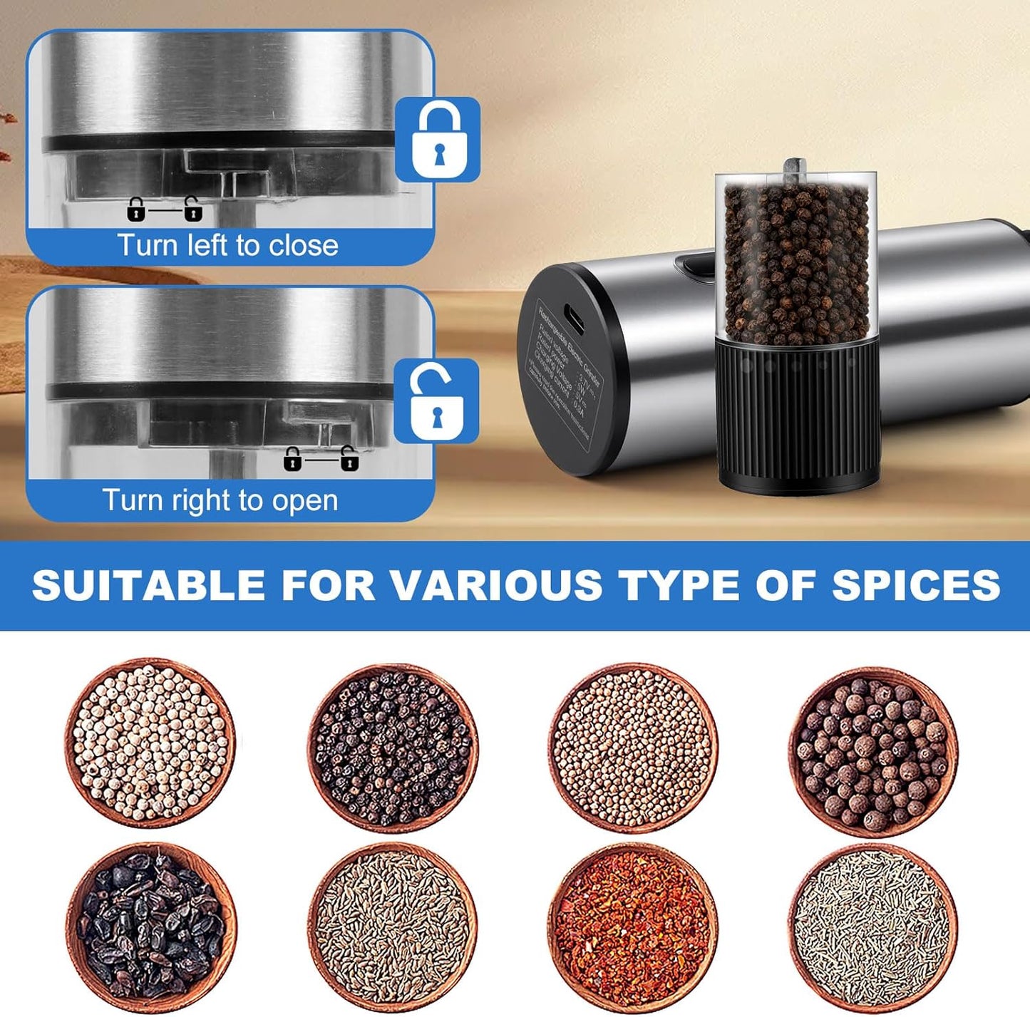 Skiennix Electric Salt and Pepper Grinder Set - 2 Pack with LED Light & USB-C Charging Base, Adjustable Coarseness