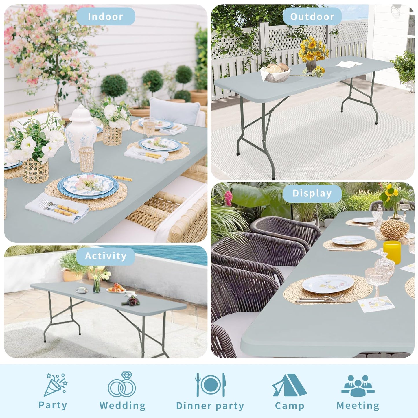 Set of 2 Folding Table 6 FT Lightweight Camping Table Portable Plastic Rectangular Outdoor Dining Table Steel Legs Fold-in-Half with Carrying Handle for Indoor,Picnic,Party,Wedding,Events(White)