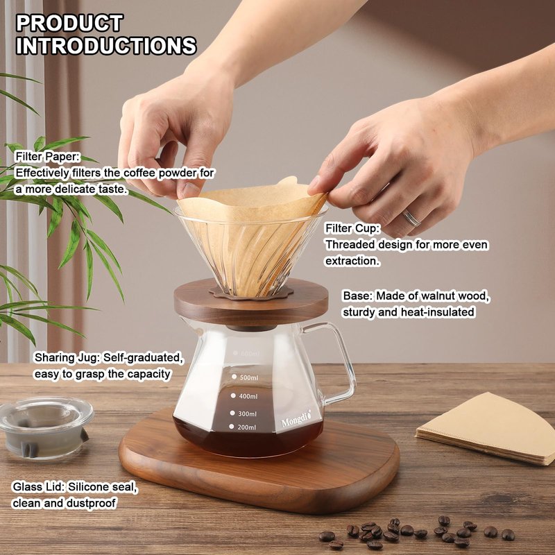 Mongdio Pour Over Coffee Maker, 20 oz High-Heat Borosilicate Glass Coffee Maker with 100pcs Paper Filters, 5 in 1 Drip Coffee Maker Set for Home Café Restaurant and Camping - 600ml, Clear