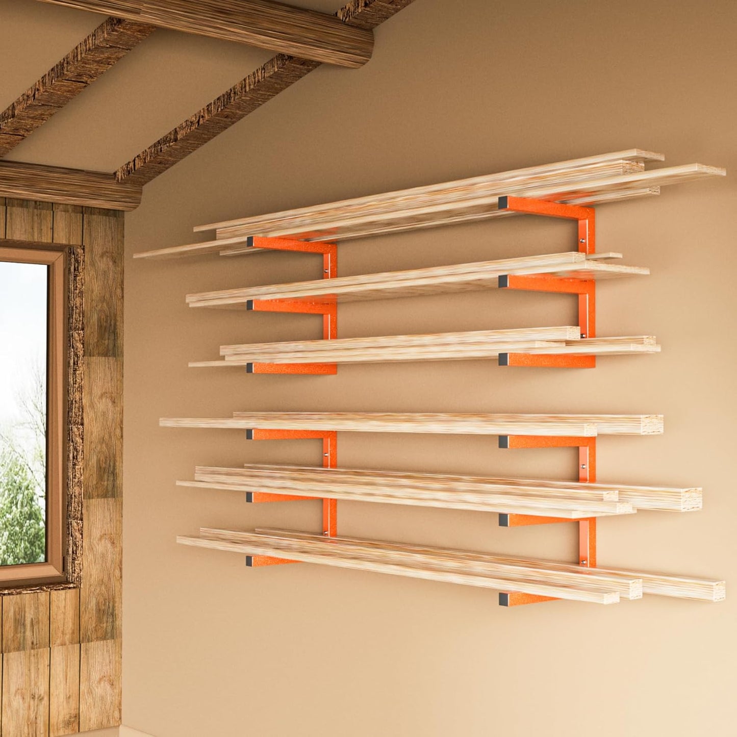 YYR Wood Organizer - Heavy Duty Metal Lumber Storage Rack | 6-Level Wall Mount Holds 1200 LBS - Orange