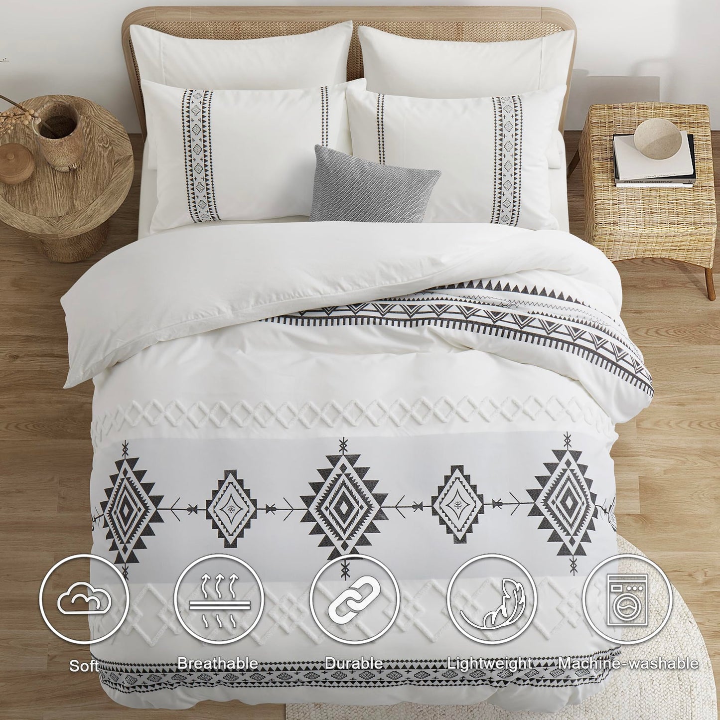 Oli Anderson Boho Duvet Cover Set Queen Size, Black and White Color Clash 3 PCS Microfiber Bedding Set, Durable and Super Soft Duvet Covers with Zipper and Ties, 90"*90"
