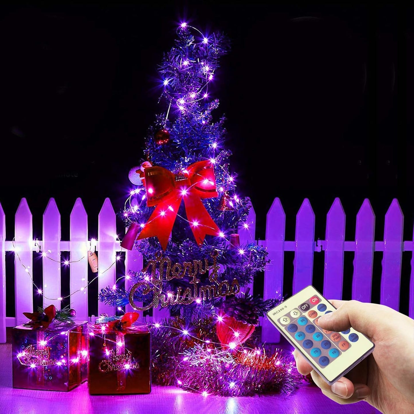 300 LED Dimmable Purple Fairy Lights - 99 Ft Waterproof Silver Wire String Lights with Remote for Christmas, Halloween, Party & Garden