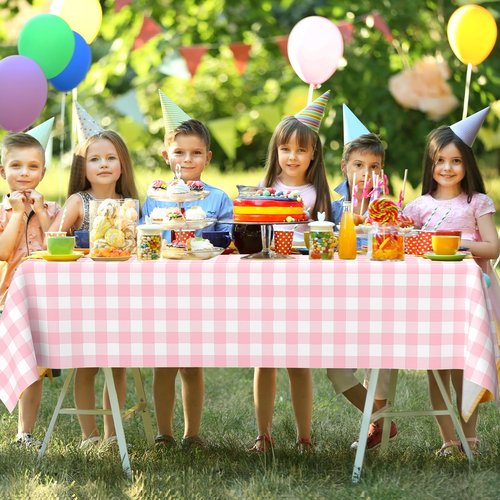 JCTHKUKU 2 Pcs Pink Gingham Tablecloth, Disposable Plastic Pink Checkered Table Cloth, Pink & White Plaid Table Cover for Outdoor Picnic, Wedding, Baby & Bridal Shower, Birthday Party (54 x 108 Inch)