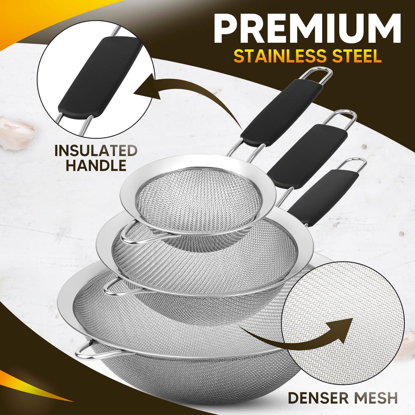 Kafoor Set of 3 Fine Mesh Strainers for Kitchen | 3.4 inch, 5.5 inch and 7.9 inch Stainless Steel Strainer