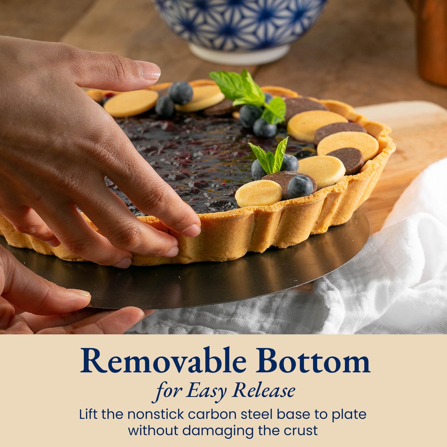 Patz&Patz Fluted Tart Pan 9 Inch Removable Bottom with Patented Silicone Crust Shaper | Nonstick Carbon Steel Quiche Baking Dish, Fruit Tart Molds for Baking, Quiche Pan & Pie Mold - PFOA & PTFE-Free