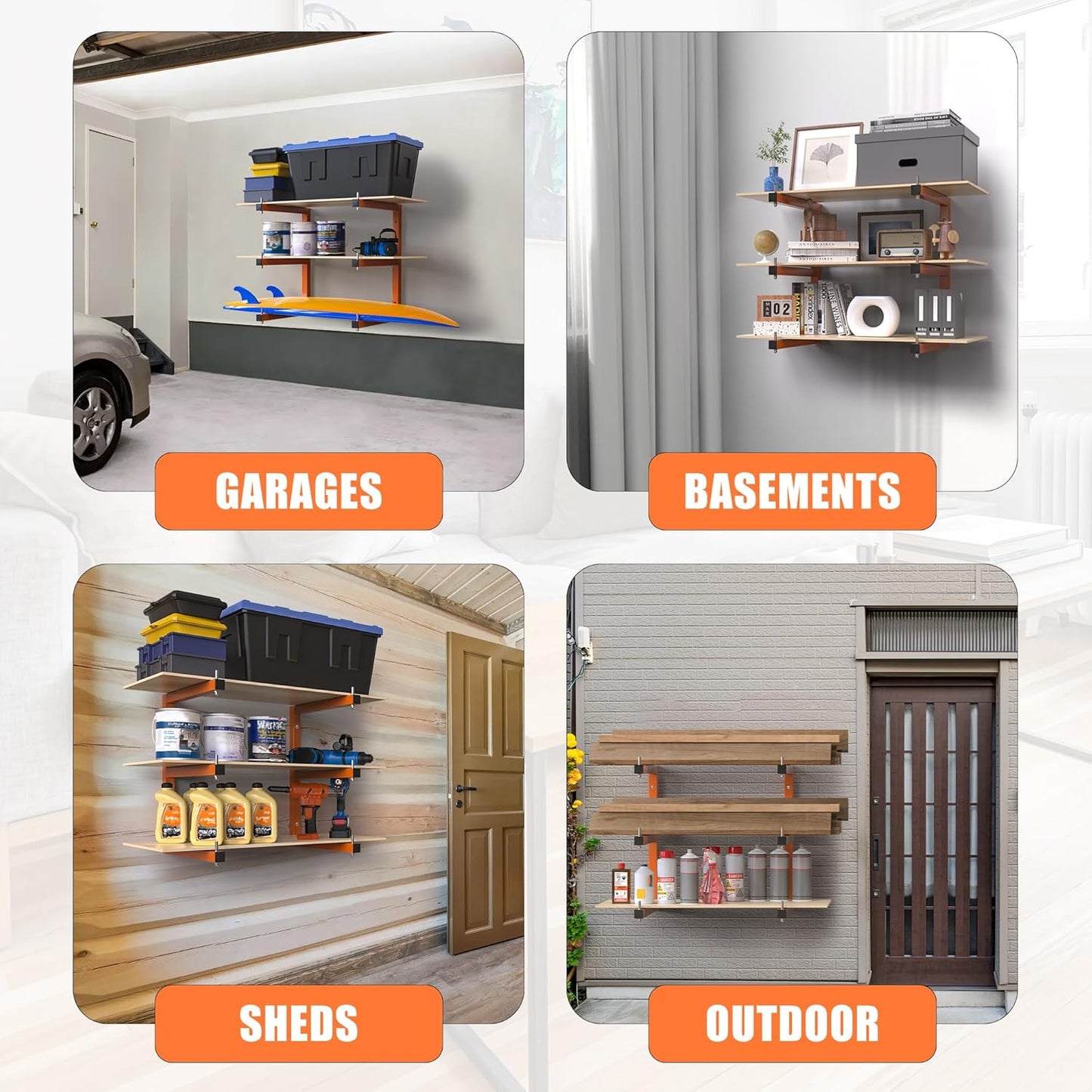 Lumber Rack Heavy-Duty Wall-Mounted Lumber Storage System | 1320 LB Capacity, 6-Level Organizer, Orange (4 Pack)