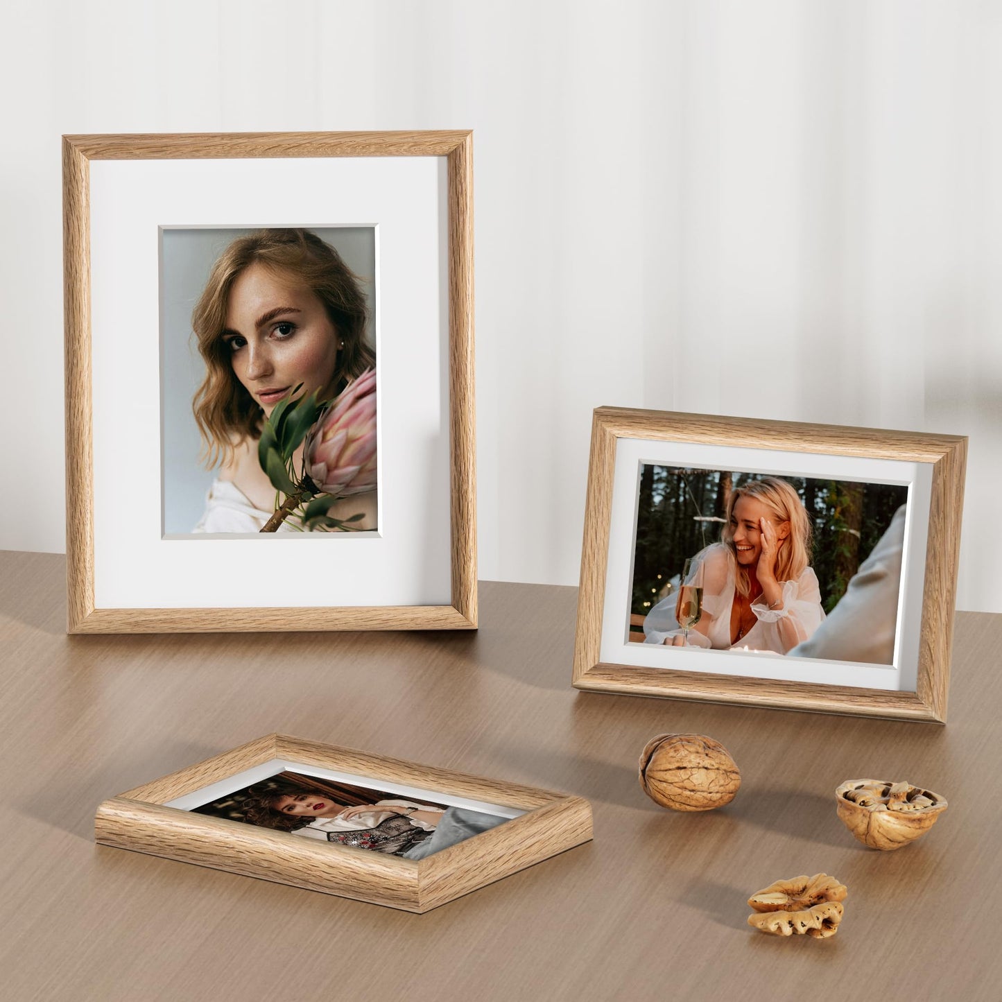 Fun Memories 5x7 Picture Frame Set of 3 - Solid Oak Wood Picture Frames with HD Tempered Glass, Handcrafted Rounded Corner 5 x 7 Wooden Frame Matted to 4x6 Photos, Tabletop or Wall Display