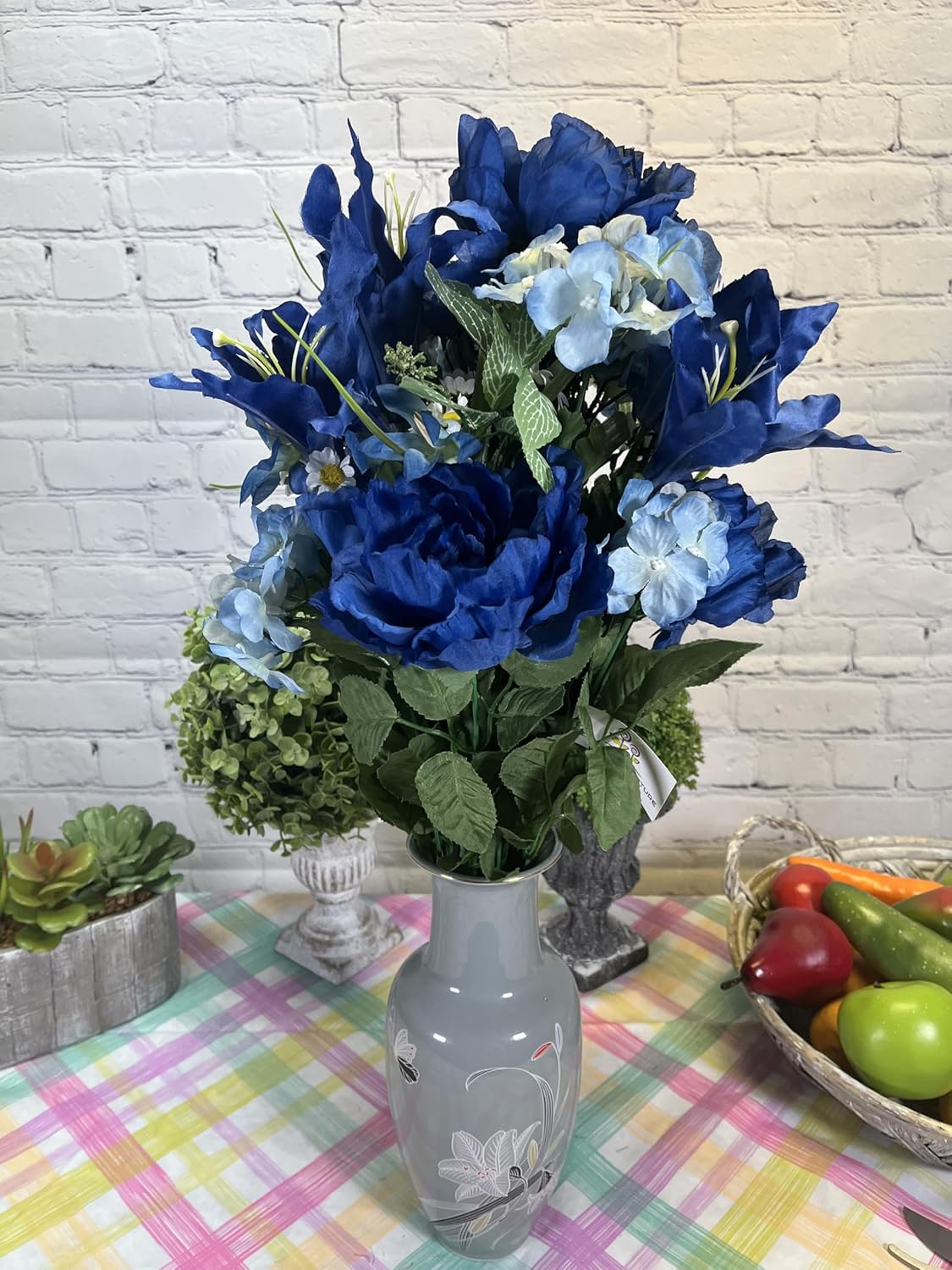 24-Stem Artificial Flower Arrangement - Mixed Roses & Carnations for Indoor/Outdoor Wedding & Home Decor - Spring Faux Flowers in Blue
