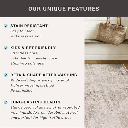 Hazo Haus Area Rug - Neutral Farmhouse Design, Washable 6x9 Soft Textured Boho Decor | Fade & Stain Resistant