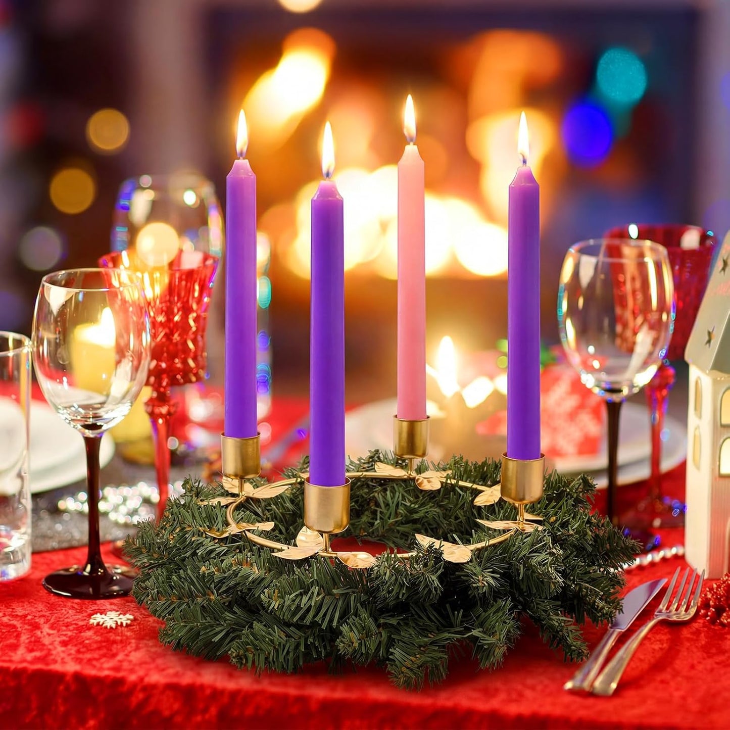 Norfolk Pine | 2 Pcs Christmas Advent Wreath Candle Holder Set - Gold Ring Design for Festive Table Centerpiece