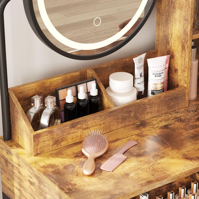 Makeup Vanity Desk with Round Mirror and Lights, White Vanity Makeup Table, Small Vanity Table for Bedroom with Lots Storage, 3 Lighting Modes, 31.5in(L)