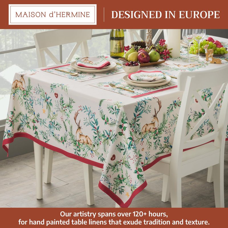 Maison d' Hermine Table Cloth Rectangle Table 100% Cotton 70 x 140 Inches Fall Tablecloth Reusable Everyday Use for Thanksgiving Christmas Decorations Dining Farmhouse Party (Holly Time)