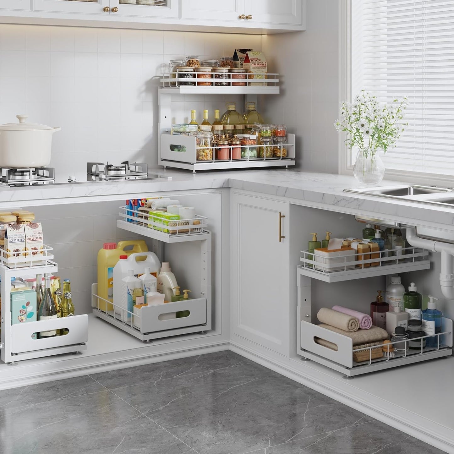 Under Sink Organizer | Professional 2-Tier Dual Pull-Out Cabinet Storage - Height Adjustable Drawers, 2 Pack, White