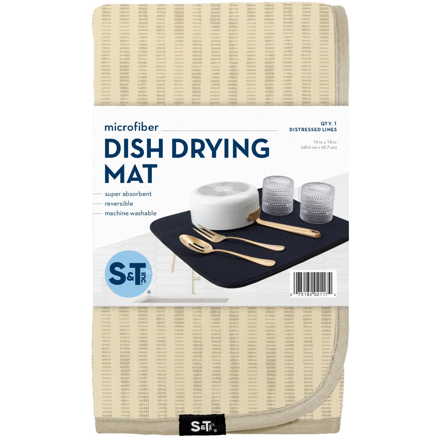 S&T INC. Dish Drying Mat, 16” x 18”, Absorbent Microfiber Kitchen Counter Mat, Dish Drying Pad for Dishes, Utensils, Pots and Pans, Large, Cream Distressed Lines