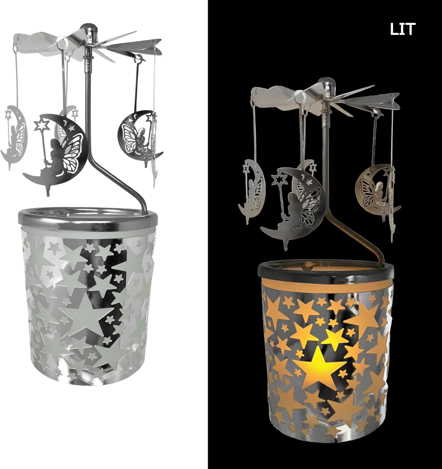 Spinning Moon & Stars Candle Holder - Silver Metal Rotating Tealight Stand - 6.25” Scandinavian Design