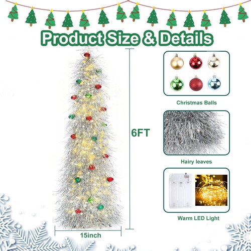 BrilliantJo 6ft Artificial Christmas Tree - Lighted & Ornamented | Collapsible Tinsel Design for Holiday Decor