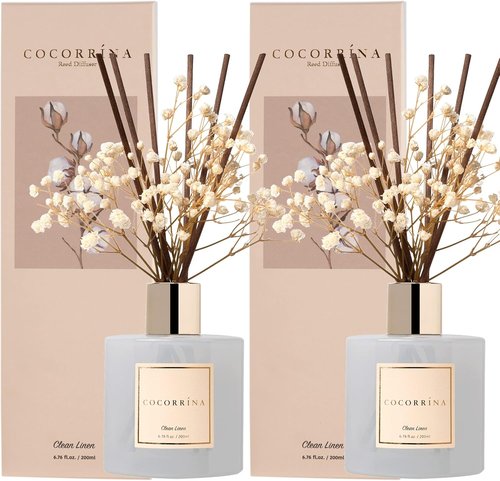 Cocorrína Reed Diffuser Set - 6.7 fl. oz Clean Linen Scented Home Fragrance | 2 Packs with Sticks
