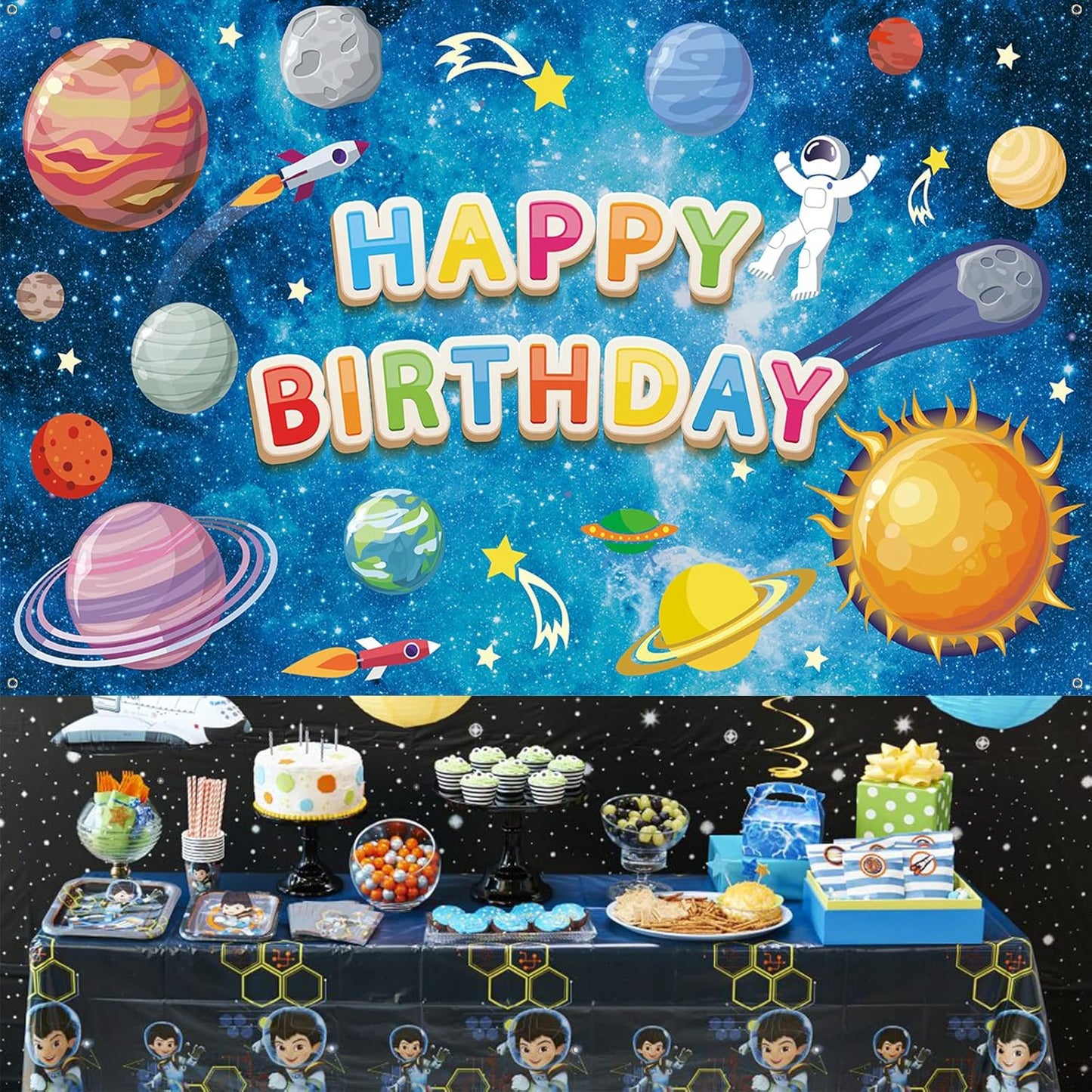 Space Happy Birthday Backdrop Banner - Large Blue Astronaut Decorations for Kids' Galaxy Theme Party